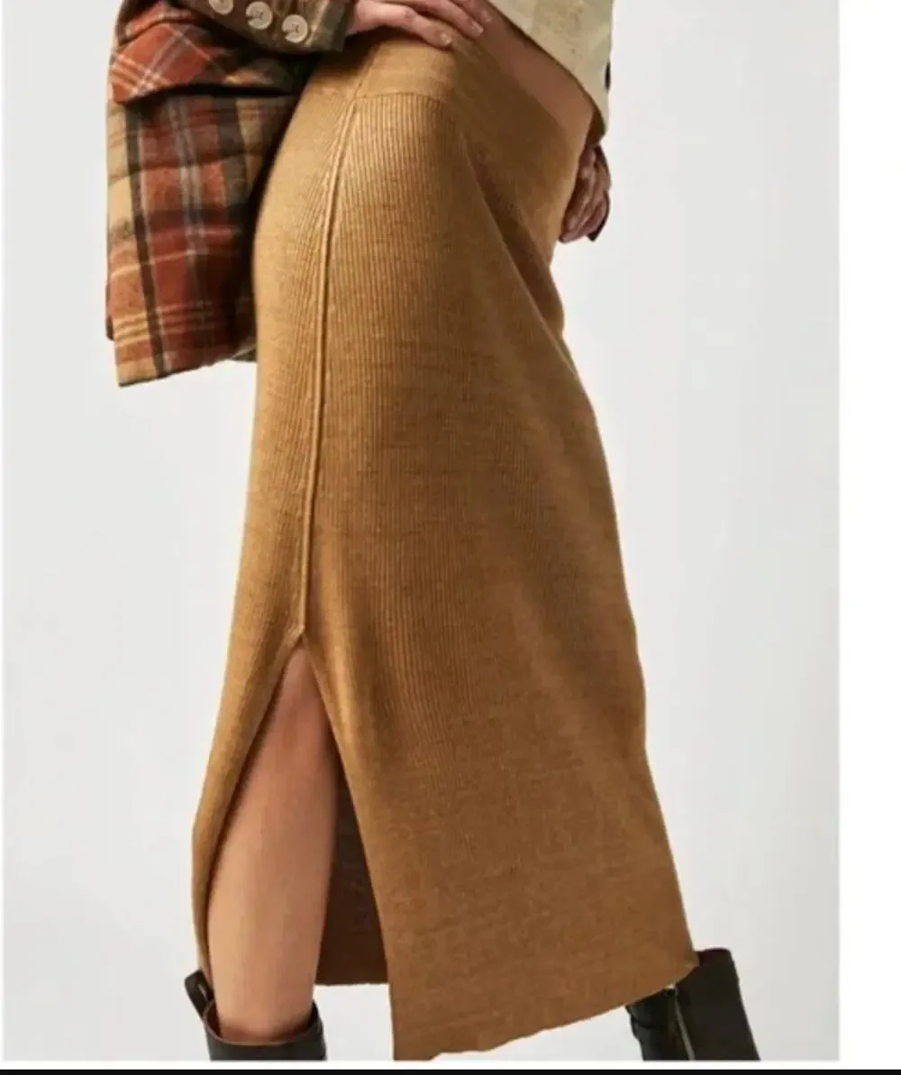 Free People Golden Hour Midi Skirt Ribbed Knit Tan Midi with Side Slit Size M